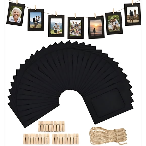 30-Pack Cardboard Photo Frame,DIY 4x6 Black Picture Frames with Clips & Hanging String, Wall Collage Kit for Home, Party, Office, Dorm Decor