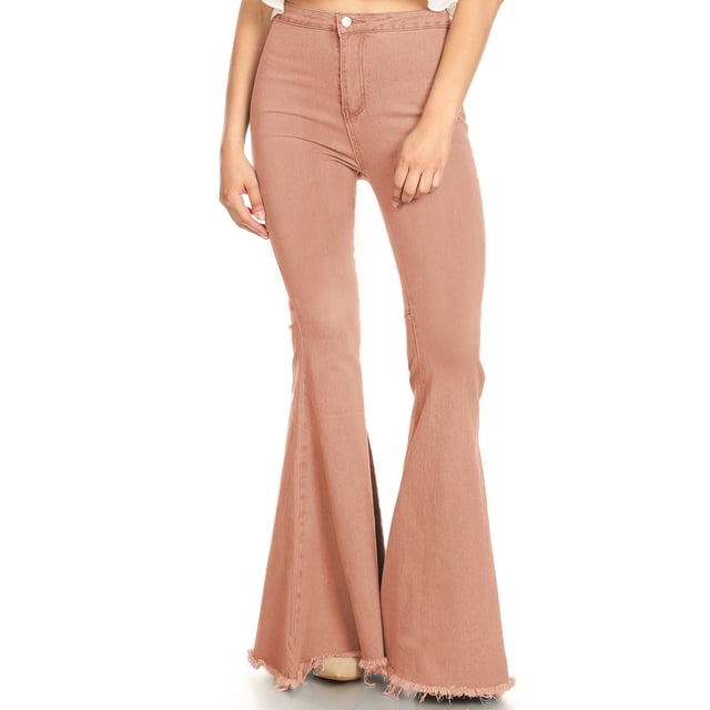 Feinuhan Women's High Waisted Bell Bottom Flared Jeans, Peach, Small