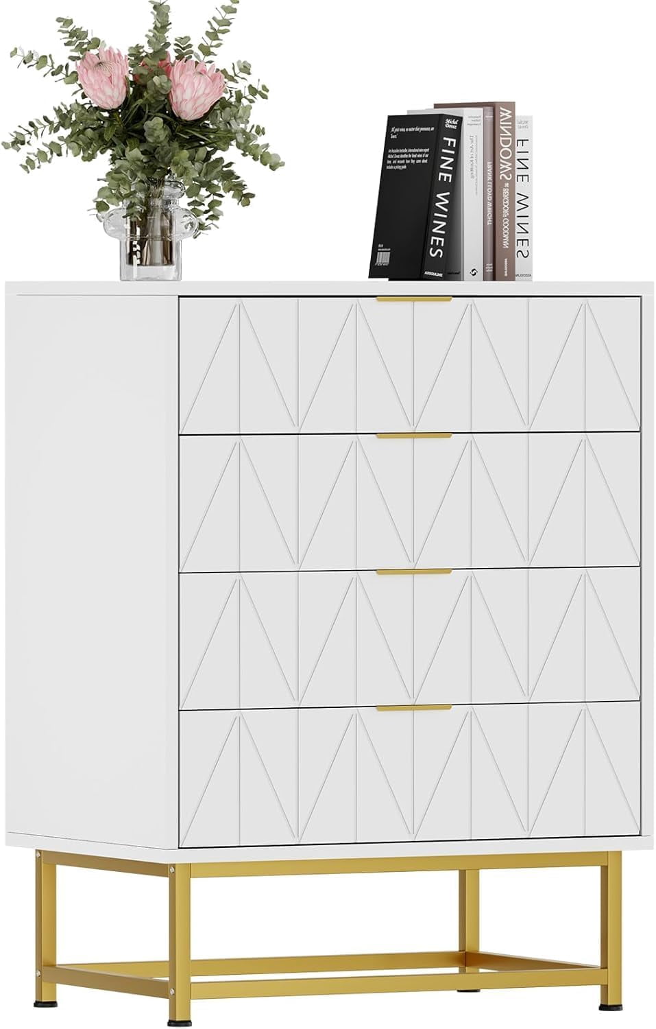 4 Drawer Dresser with Wide Storage, Wood Dresser Chest Organizer with Metal Legs, Modern Dressers & Chests of Drawers for Bedroom, Living Room, Hallway(White)
