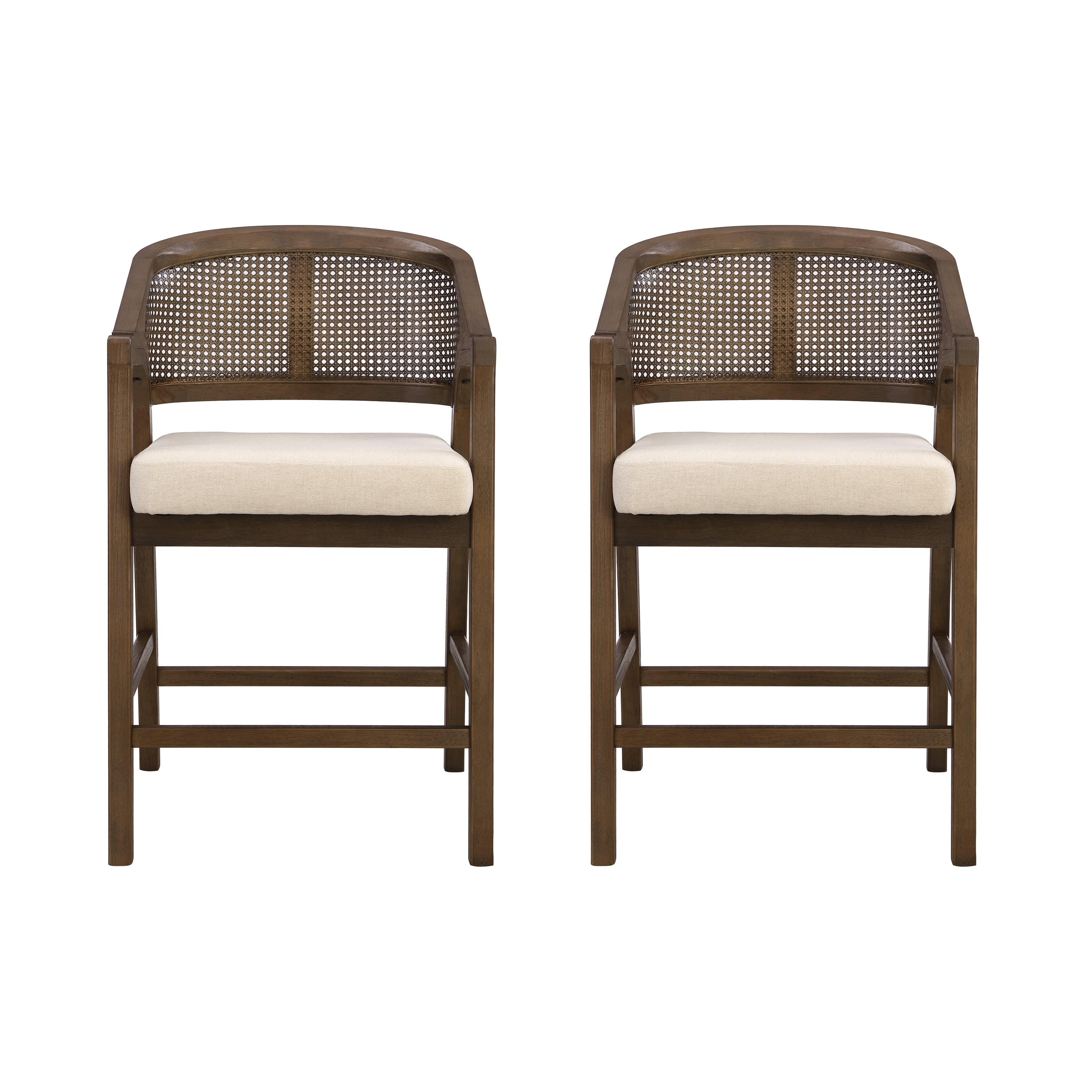 Noble House Wooden Frame Counter Stool Set of 2,Rattan Back with Rubberwood Frame,Beige+Walnut