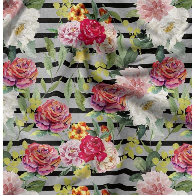 Soimoi Yellow polyester Crepe Fabric Stripe & Grandiflora Roses Floral Print Sewing Fabric Yard 42 Inch Wide
