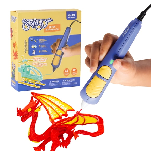 SCRIB3D Jr, 3D Printing Pen Set, Blue, Includes 1 Pen, 3 Colours of BPA Free, Non-Toxic Filament, Stencil Book + Project Guide, & Power Adapter