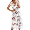 thumbnail image 1 of Robes d'Été pour Femmes Décontractées Bohèmes à Col en V à Volants à Imprimé Floral Longue Robe Maxi Dames à Manches Courtes Robes de Plage, 1 of 7