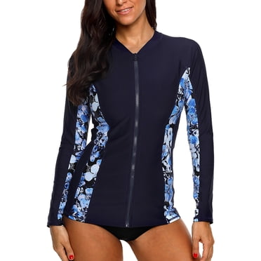 Charmo Women's Zip Front Rash Guard Long Sleeve Rashguard Top Sun Protection Swim Shirt