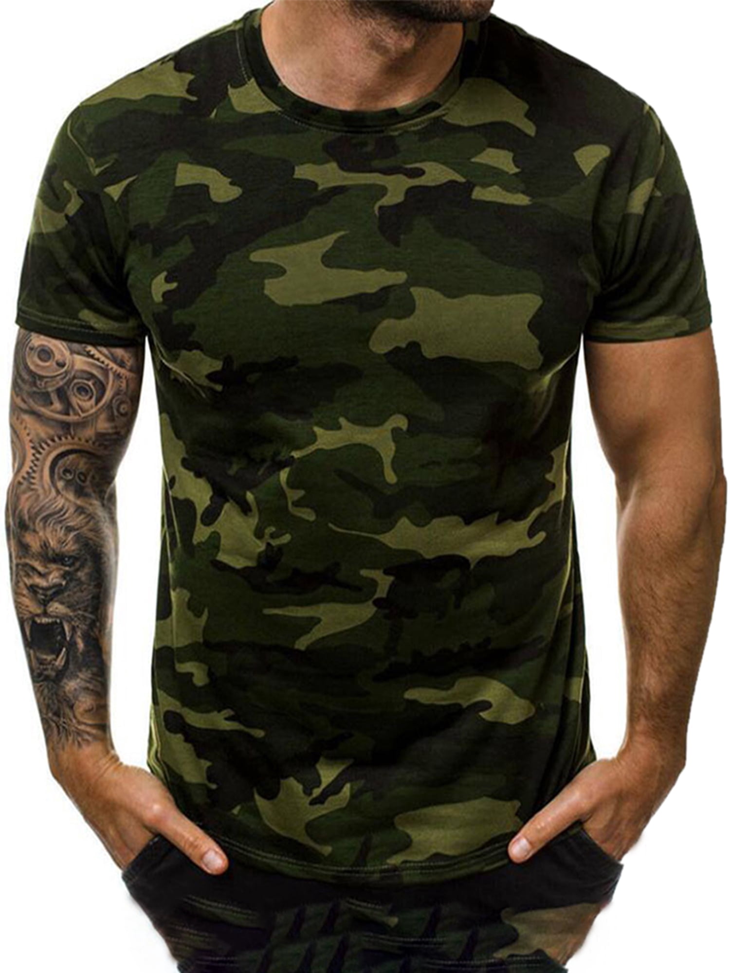 HIMONE Chemise Imprimée Camouflage pour Hommes Manches Courtes Été Basique Col Rond Ajusté Décontracté Taille p-5TG
