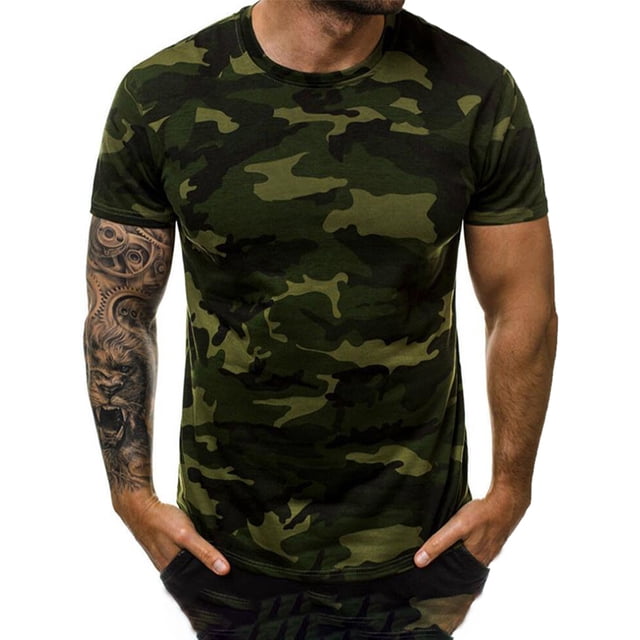 HIMONE Chemise Imprimée Camouflage pour Hommes Manches Courtes Été Basique Col Rond Ajusté Décontracté Taille p-5TG