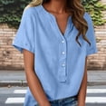 thumbnail image 2 of Floleo T-Shirt à Manches Courtes pour Femmes, Style Lin, Col en V, Boutons devant, Demi-Ouverture, Haut Vintage Classique, Respirant, Confortable, Extensible, Tissu Fin, Printemps Été Automne, Tenue Quotidienne (Bleu Clair#2,m), 2 of 8