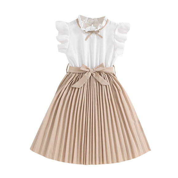 JIRNDf Robes de Demoiselle d'Honneur pour Mariage Fête Princesse Robe de Bal Élégante Enfants Sans Manches Patchwork Couleur avec Ceinture Formelle Décontractée Robe d'Été pour Filles Kaki 9-10 Ans