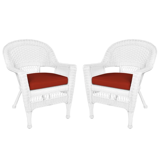 Jeco Chaise en Osier Blanche avec Coussin Rouge et Cadre en Acier - Ensemble de 2