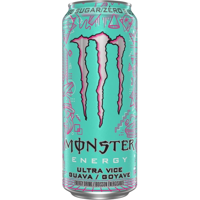 Monster Ultra Vice Guava energy drink can with turquoise background and pink geometric and tropical designs, featuring the silver Monster claw logo and bold black text stating zero sugar and guava flavor, ideal for a refreshing energy boost without sugar.