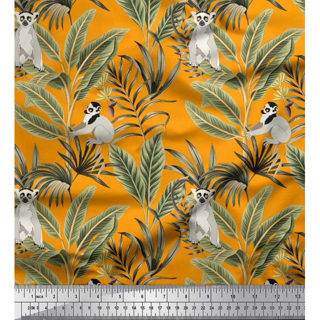 Soimoi Polyester Crepe Fabric Leaves & Lemur Animal Decor Fabric Printed Yard 52 Inch Wide