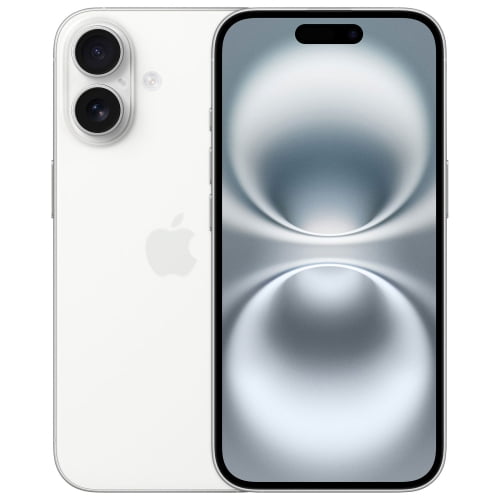 Restored Apple iPhone 16 Unlocked Smartphone Like New, featuring a 6.1-inch Super Retina XDR display and a durable aerospace-grade aluminum design. Shown in a front and back view, highlighting the 48MP Fusion camera and sleek white finish. Powered by the A18 chip for advanced performance, with eSIM-only functionality and compatibility with iOS 18. Supports USB-C and MagSafe charging (accessories sold separately).