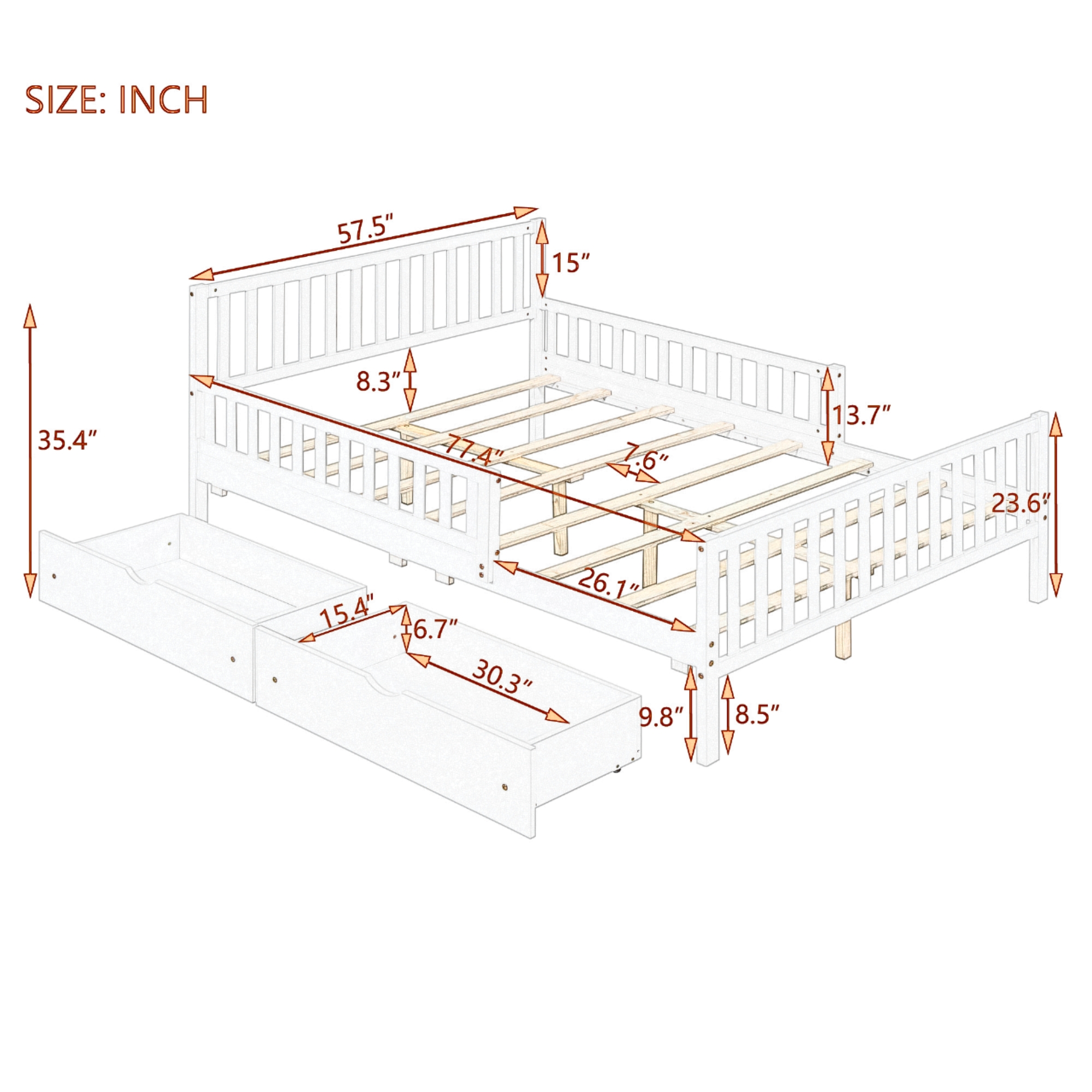 Homy Casa Lit plateforme double en bois avec garde - corps et deux tiroirs de rangement, gris, cadre robuste, design moderne pour chambre