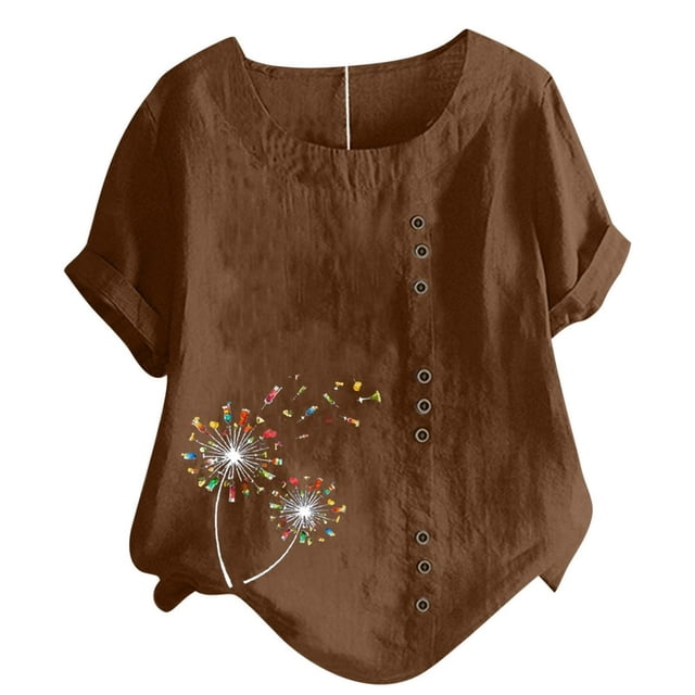 CHOK Mchoice Chemises pour Femmes 2024 à Manches Courtes Décontractées Hauts Grande Taille Col Rond Imprimé Ample Blouse en Coton et Lin à Boutons