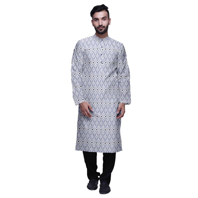 Atasi Button Placket Satin Slub Printed Mens Kurta With Churidar Kurta