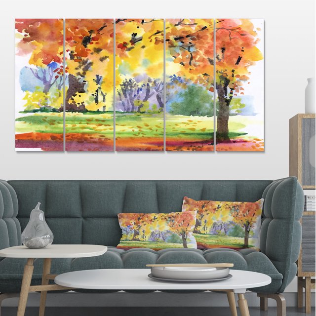 Autumn Park Yellow Trees Watercolor - Landscape Canvas Art Print