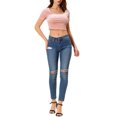 thumbnail image 2 of INSPIRE CHIC Haut Court Ajusté en Velours à Manches Courtes Décontracté pour Femme, Mignon, Col Rond, m Rose, 2 of 6