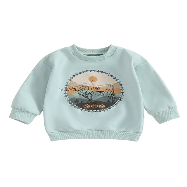 Toddler Boy‘s Long Sleeve Western Sweatshirt with Cattle Print for Fall