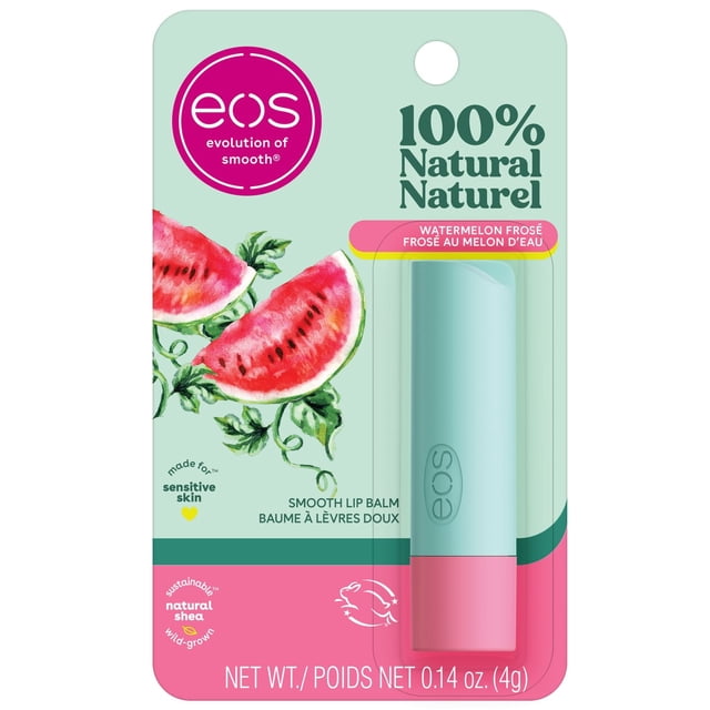 eos Flavor Lab Watermelon Frose Lip Balm Stick with pastel blue cap and pink base on mint green and pink card featuring watermelon illustrations, labeled 100% natural, made for sensitive skin, containing natural shea butter, net weight 0.14 oz (4g).