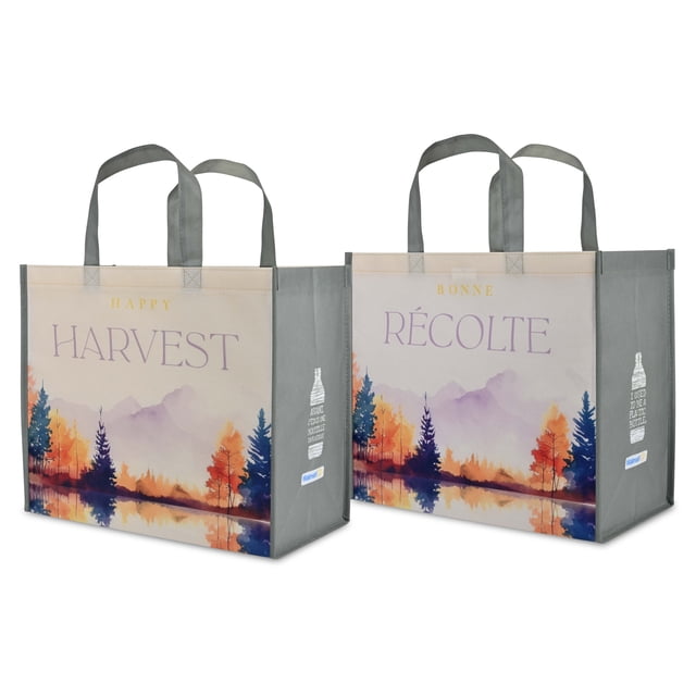 2025 Happy Harvest reusable shopping bag with fall-themed watercolor landscape of autumn trees and mountains, printed with English 'Happy Harvest' and French 'Bonne Récolte' on opposite sides, made from 100% recycled plastic bottles, sturdy gray handles, 8-gallon capacity, eco-friendly and suitable for grocery or seasonal item storage.