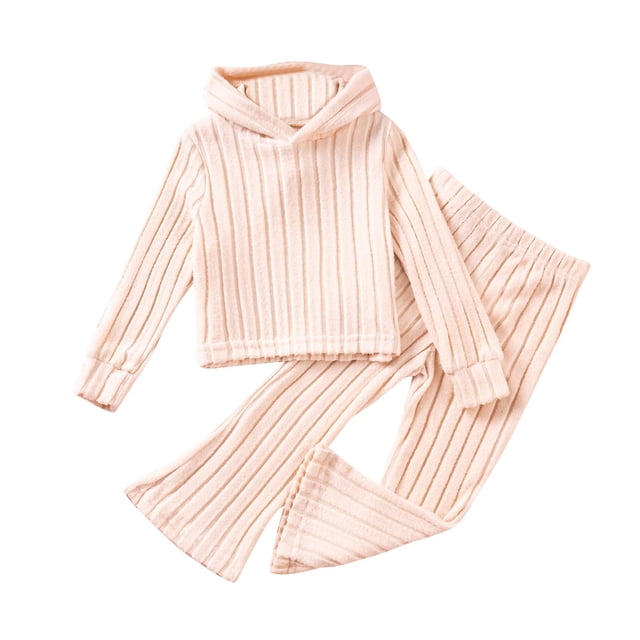 ZACPNCV Toddler Girl Fall Clothes Set Long Sleeve Ribbed Knit Tops Pants Set Solid Color 2-Piece Outfit for Kids Beige 5-6 Years