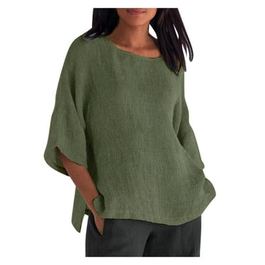 Pisexur Women's Summer Cotton Linen Shirts Ladies 3/4 Sleeve Crew Neck Casual Oversized T-Shirt Summer Trendy Side Split Plus Size Tops Pullover Blouse