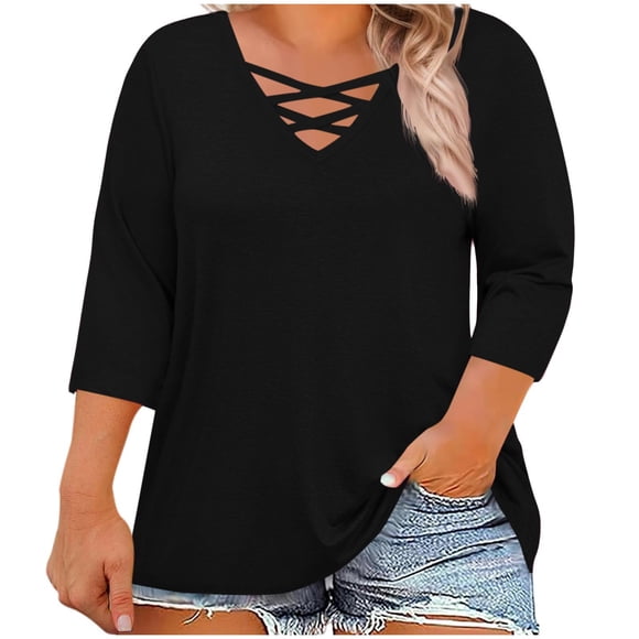 Mevxay Womens Plus Size 3/4 Sleeve Tops Summer Casual Criss Cross V Neck T-Shirts Loose Fit Tees Tunic Shirts Black XL