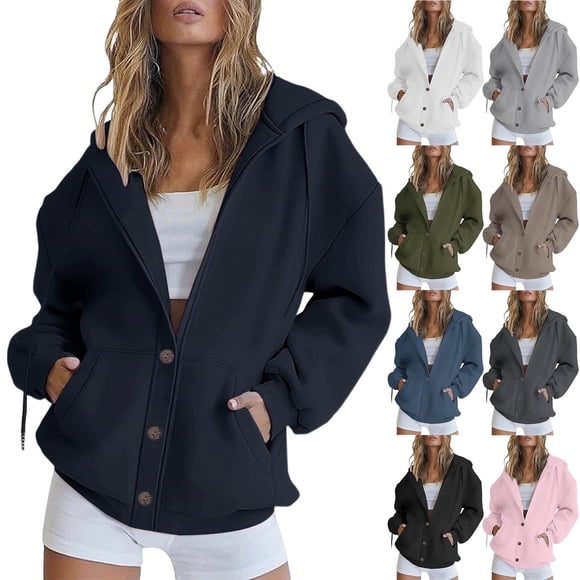 QATAINLAV Hoodies for Women Casual Button Open Front Sweatshirt Cardigans Solid Casual Long Sleeve Hooded Jackets Fall Outwear, Blue, XL