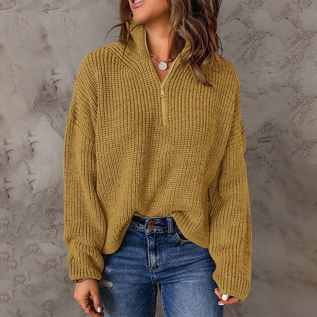 IMENGL Chandail à Col Roulé en Tricot à Manches Longues avec Fermeture Éclair 1/4, Jaune m, Taille M-2TG