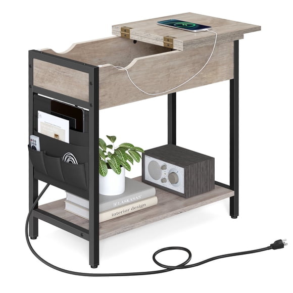 VASAGLE Side Table with Storage, End Table with USB Ports and Outlets, Nightstand with Charging Station, Fabric Bags, for Living Room, Bedroom, Greige and Black