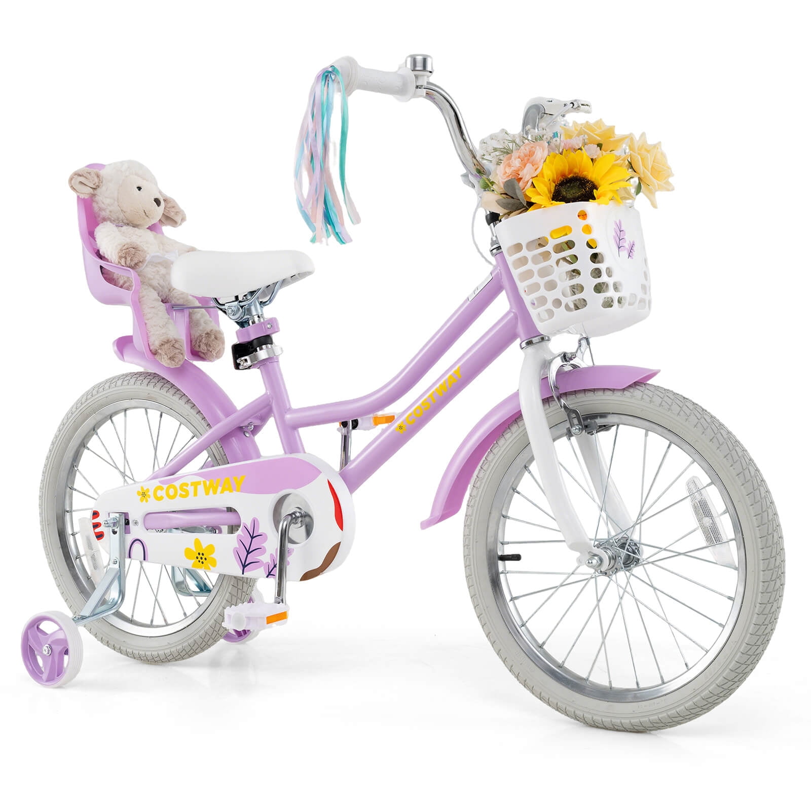 Costway 18 Inches Kids Bicycle with Basket Doll Seat Colorful Streamers Training Wheels Purple