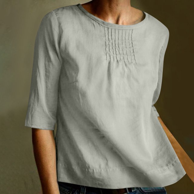 EQWLJWE Chemise en Coton et Lin pour Femmes, Couleur Unie, Col Rond, Manches Mi-Longues