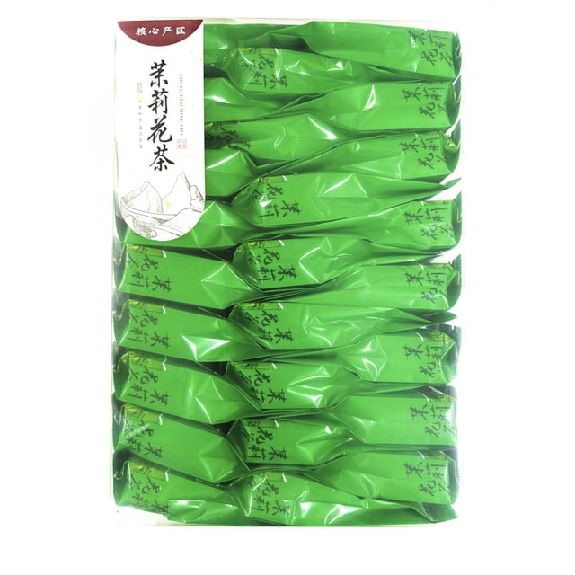 Jasmine Tea Gift Set with multiple green foil-wrapped packets featuring black Chinese characters, arranged in a clear box with a white label showing Chinese text and a mountain illustration, offering premium quality jasmine tea with a fragrant aroma, ideal for gifting and sharing.