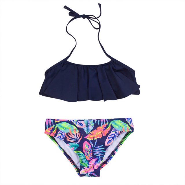 Toddler Girls Kids Swimsuit Sling Feather Printing Cute Beach Ruffle Bikini Suit with a sleeveless navy blue ruffled top and multicoloured feather-print bikini bottoms. Designed for girls aged 5 to 14 years, ideal for swimwear or beachwear. Made from breathable polyester fabric.
