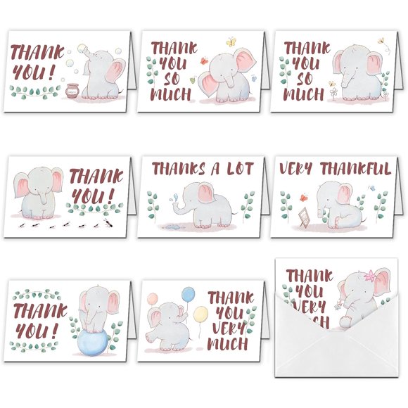 9pcs Thank You Cards Carton Elephant Theme Greeting Cards with Envelopes for Wedding Bridal Shower Birthday Christmas Thanksgiving Day Invitation Cards