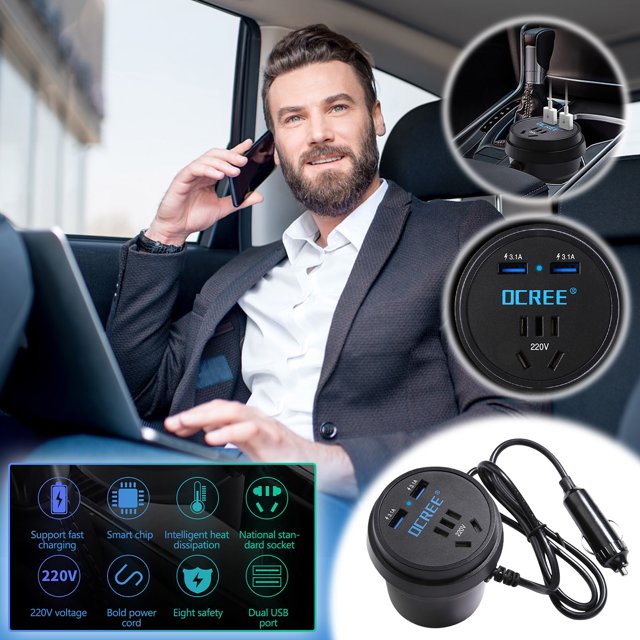 FHBVT Universal Car Inverter Charger 12V-24V AC Outlet 150W Power Converter for Laptops Mobile Devices USB Fast Charging Ports Compact and Portable for Travel Camping Emergencies in Cars and Trucks