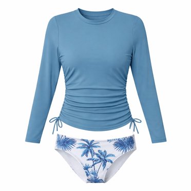 DuoJiaJ Girls Long Sleeve Two Piece Swimwear Ruffle Adjustable Sun Bathing With Floral Print Size 9-10 Y