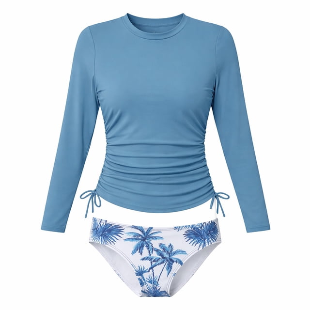 DuoJiaJ Girls Long Sleeve Two Piece Swimwear Ruffle Adjustable Sun Bathing With Floral Print Size 7-8 Y