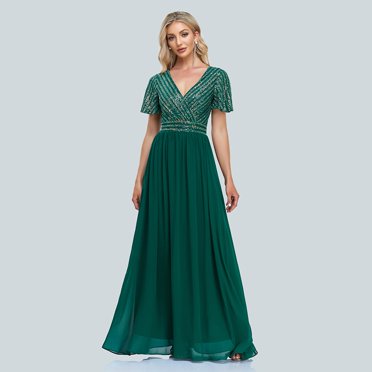 2023 New Women Green Evening Dresses Elegant V-Neck Sequins Chiffon Formal Gown Robe Vestidos De fiesta Dress For Wedding Party