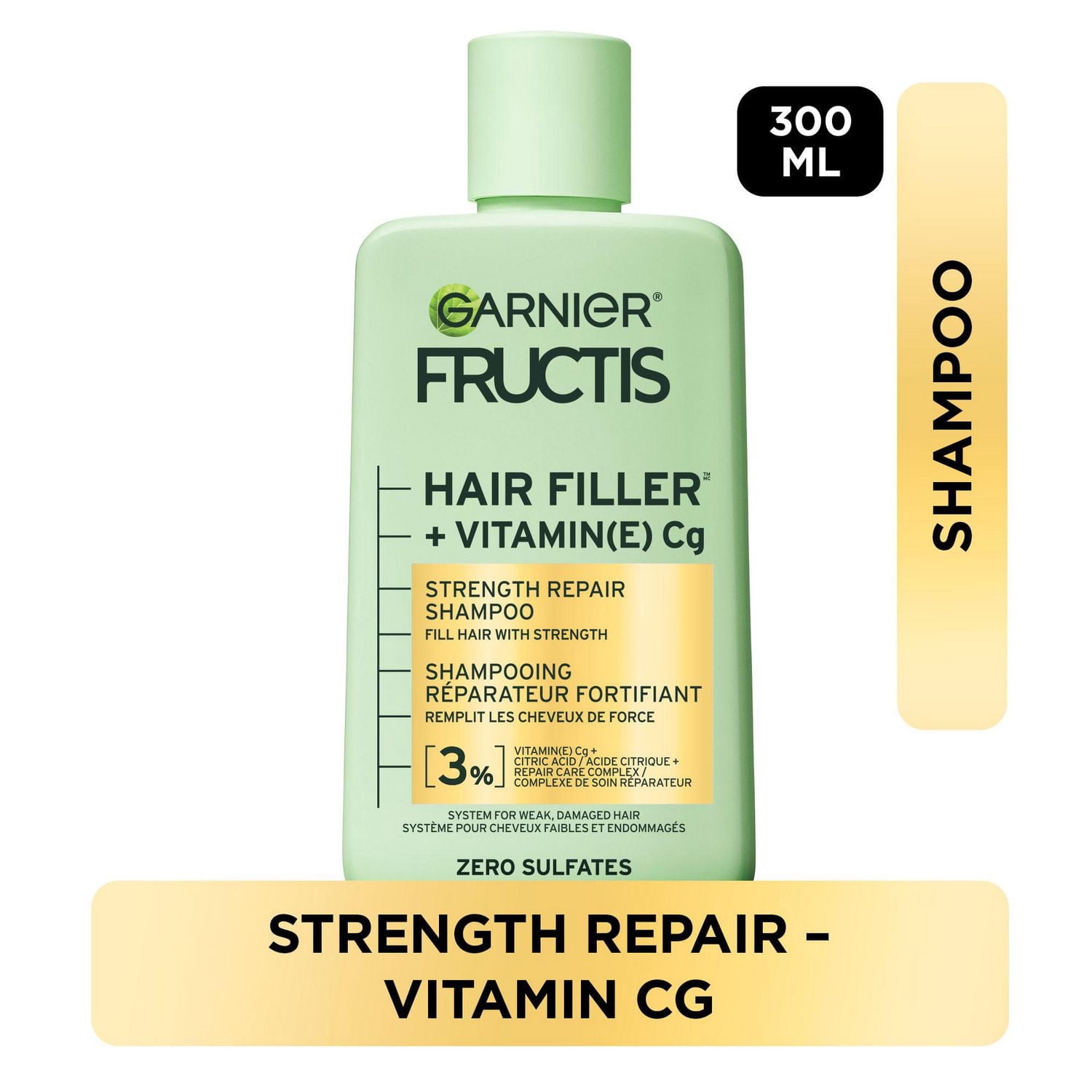 Garnier Fructis Hair Filler + Vitamine C Shampooing Réparateur Fortifiant Sans Sulfates, pour Cheveux Faibles et Abîmés, jusqu'à la Casse & 79 % de Force en Plus