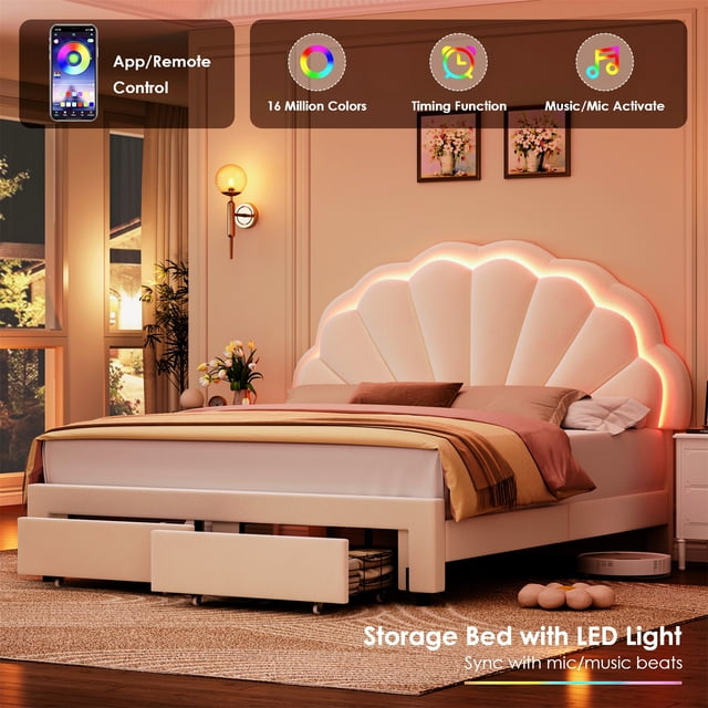 Homfa Cadre de Lit Grand Size avec Éclairage DEL et Tiroirs de Rangement, Lit Plateforme Capitonné avec Tête de Lit à Pétales Réglable, Velours Blanc Cassé