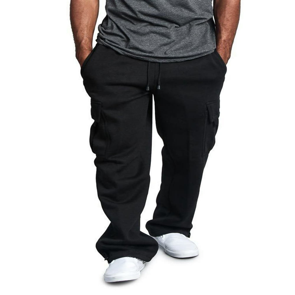 Men Fleece Sweatpants Cargo Trousers Drawstring Athletic Gym Workout Running Pants with Pocket Black XL