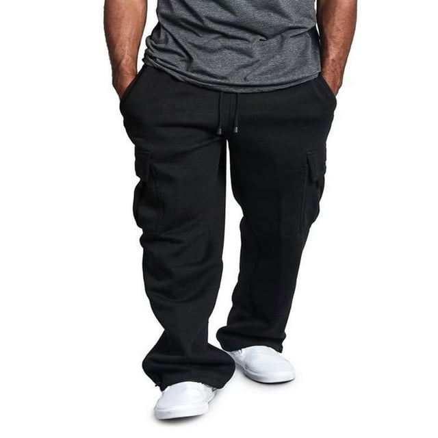Men Fleece Sweatpants Cargo Trousers Drawstring Athletic Gym Workout Running Pants with Pocket Black XL