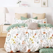 Duvet Cover Full  600 Thread Count Cotton 3pcs Bedding Set Yellow Flowers and Green Branches Printed on White Reversible Comforter Cover