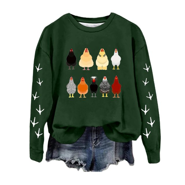 Chandail Décontracté à Manches Longues pour Femmes Caramel, Chandails à Col Rond pour Femmes, Chandail à Manches Longues à Bande pour Femmes, Chandail à Enfiler à Imprimé Graphique de Poulet, Basiques, Chandail pour Femmes, Chandails, Haut Blouse