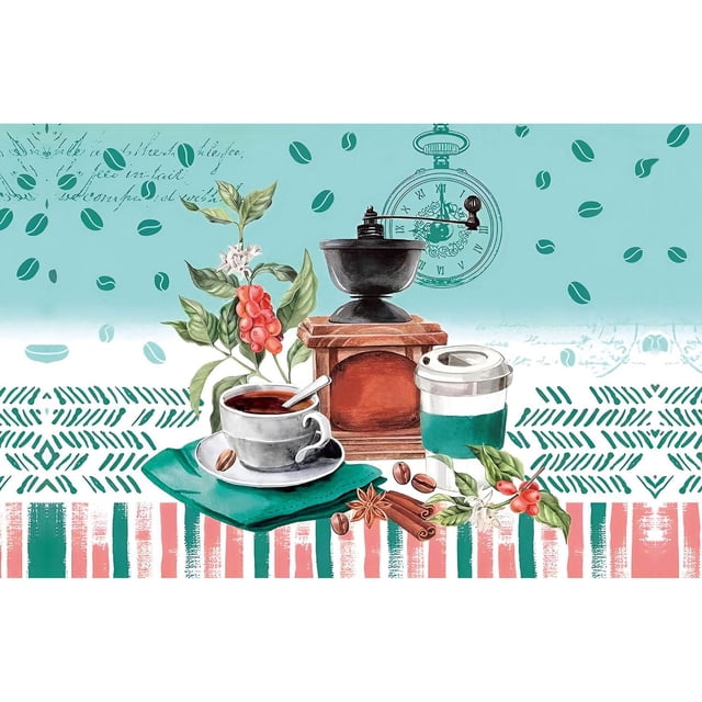 IH Casa Decor Napperon en Plastique « Coffee To Go » - Ensemble de 12 avec Imprimés Multicolores à Thème Café Incluant une Tasse de Café Blanche sur une Serviette Verte, un Moulin à Café vintage en Bois, des Grains de Café, des Bâtonnets de Cannelle et des branches de Plantes à Café avec des Baies Rouges sur un Fond Sarcelle avec Montre de Poche et Motifs Géométriques, Idéal pour la Salle à Manger et le Nettoyage des Taches.