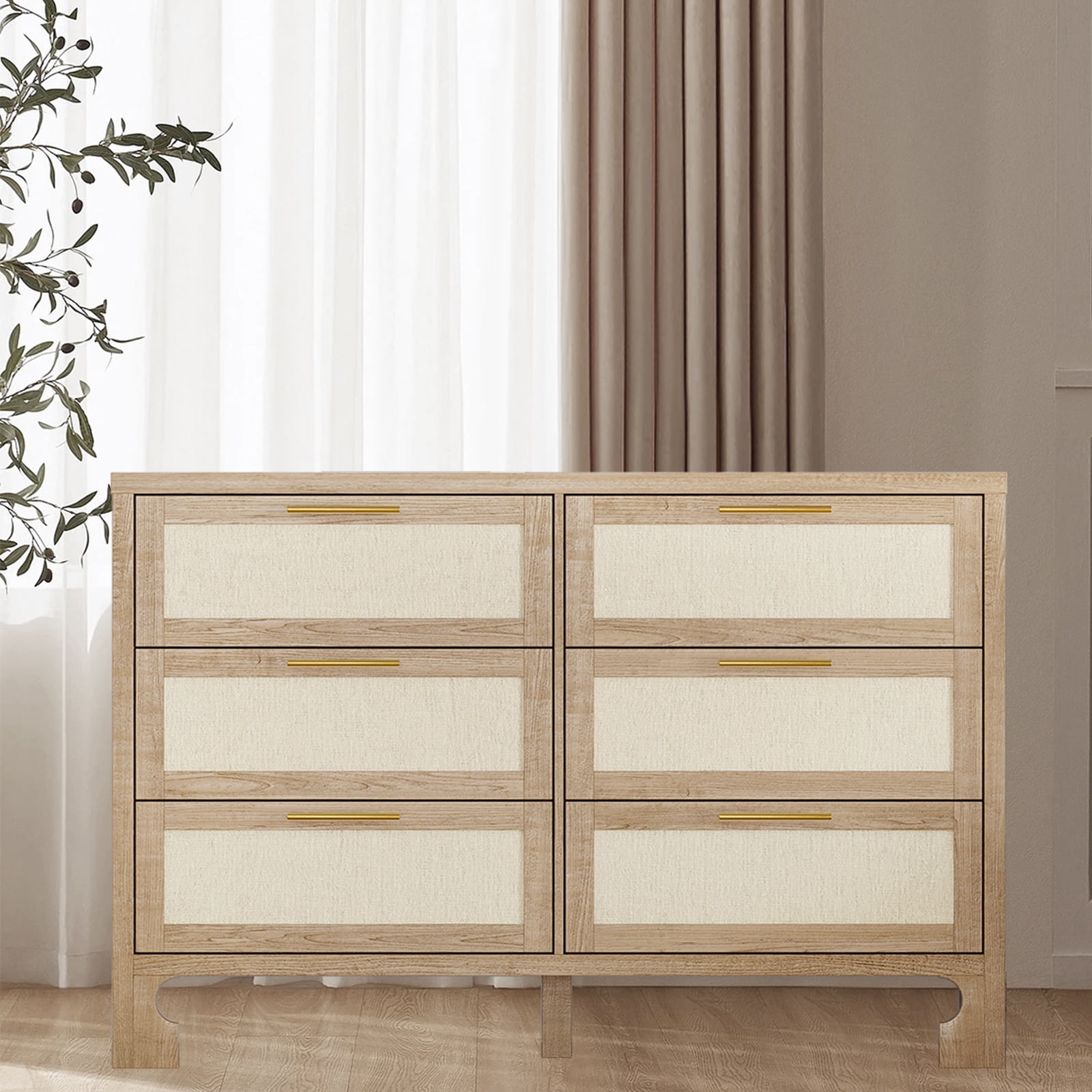 Farmhouse Dresser, 6 Drawer Dresser, Burlap Chest of Drawers, Horizontal Dresser with Metal Handles, Wooden Storage Cabinet for Bedroom, Living Room, Entryway, Brown
