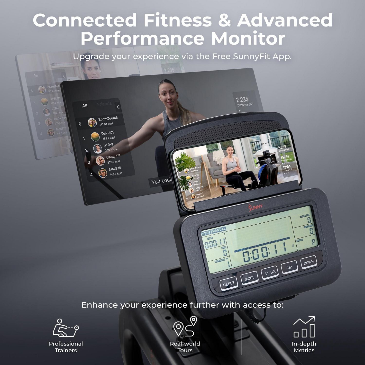 **Rameur à Eau Intelligent Phantom Hydro Sunny Health & Fitness**, avec Résistance Dynamique en Temps Réel, Capacité de 300 LB, Pliable, Connexion Bluetooth et Rail Extra Long – Modèle **SF-RW5910SMAR