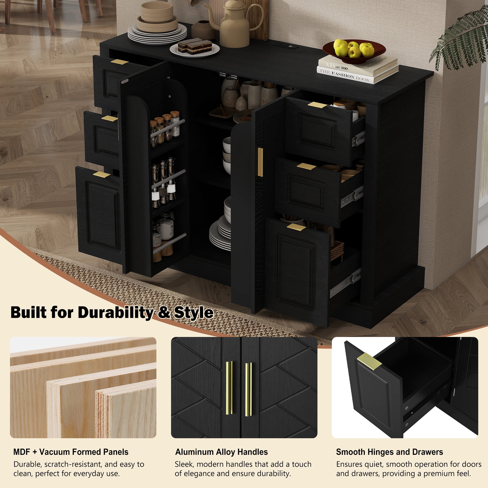 Noble House 47.2" Sideboard Buffet Cabinet with Power Outlet,2 Doors & 6 Drawers,3-Level Adjustable Shelves,Black