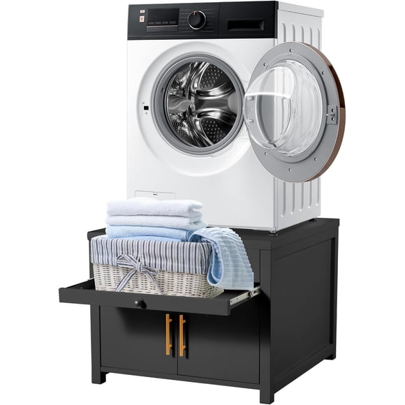AECOJOY Piédestal de Lessive avec Tiroir de Rangement, Support Robuste pour Laveuse et Sécheuse avec Tablette Coulissante et Drainage, Piédestal Antichoc de 700 Lb pour Buanderie, Noir